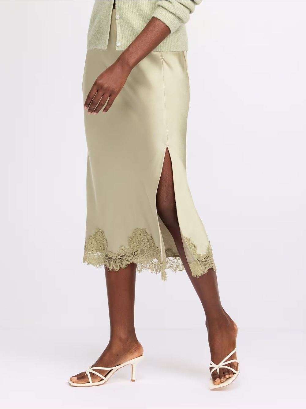 Skies Are Blue Satin Lace Hem Midi Slip Skirt